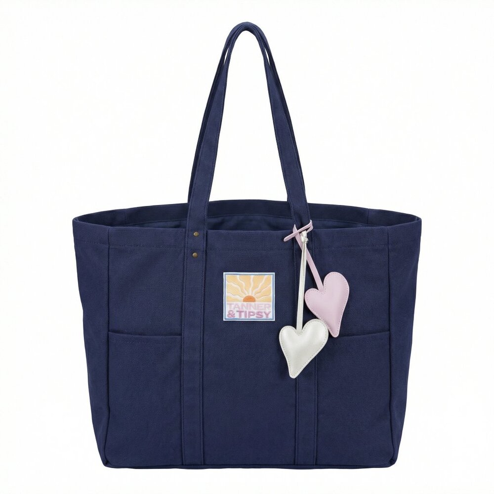 Large Navy Cotton Tote Bag, "Tanned & Tipsy" patch /heart charms